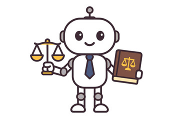 Artificial intelligence robot wearing a tie, holding scales of justice and law book