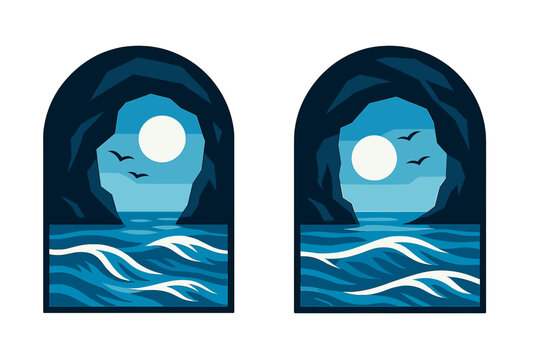 Stylized nocturnal seascape viewed through a dark grotto arch with a bright full moon and ocean waves