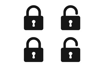 Set of four security padlock symbols showing locked and unlocked states for digital interface