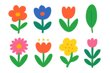 Vibrant collection of stylized spring flowers and foliage with vintage texture