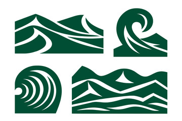 Abstract graphic emblems representing natural elements like mountains and ocean waves
