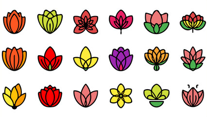 Vibrant array of stylized lotus blossoms, symbolizing purity and enlightenment, perfect for spa branding, wellness campaigns, or yoga studio promotions