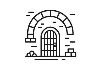 Fototapeta premium Minimalist outline of an ancient stone archway entrance with a heavy barred metal gate