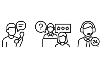 Customer service and support symbols featuring call center agent, phone communication, and user feedback