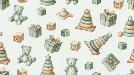 Charming watercolor seamless pattern of baby toys, blocks, gifts, and pyramids for nursery decor, perfect for baby shower invites and gender neutral designs