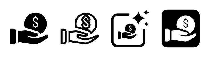 Investment icon illustration with hand holding a dollar coin symbolizing money protection and donation in black on a transparent vector design