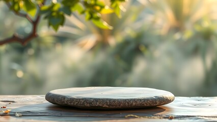 A serene flat stone serving as a natural podium on a rustic wooden surface against a beautifully blurred green and misty background for product presentation