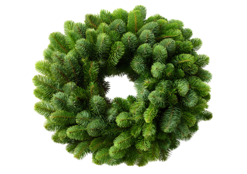 Lush green fir branches form a circular Christmas wreath isolated on a transparent background evergreen