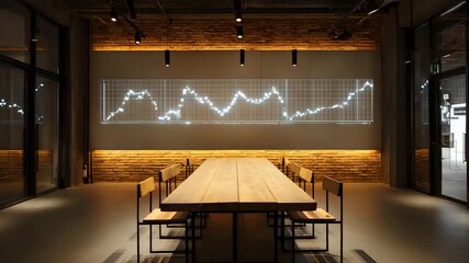 Modern conference room with a large wooden table illuminated brick wall and projected stock market graph for business presentations - Powered by Adobe