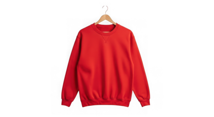 A bright red crewneck sweatshirt hanging on a wooden hanger mockup isolated on transparent background