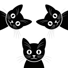 Three black cats looking curiously, isolated on transparent background