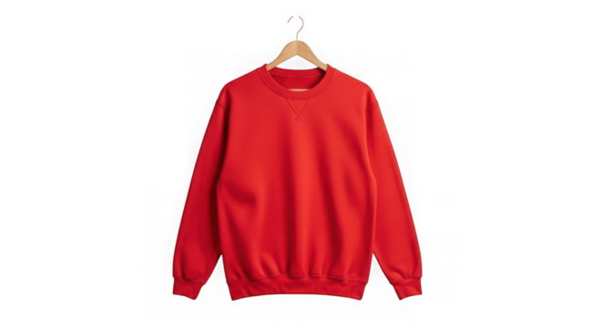 A bright red crewneck sweatshirt hanging on a wooden hanger mockup isolated on transparent background - Powered by Adobe