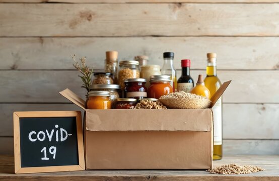 Food donation box with grocery, jars, bottles. Blackboard with covid-19 inscription. Social help during coronavirus pandemic. Charity, food drive or donation to people in need. Support, aid concept.