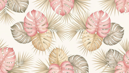 Fototapeta premium Elegant monstera leaves and palm fronds in blush pink and neutral tones for stylish backgrounds and surface designs, perfect for bohemian projects
