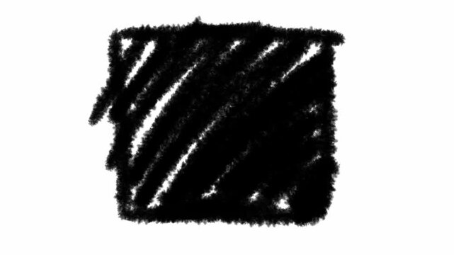 An abstract animated loop of white scribbled lines filling a rectangle shape on a pure black background. The scene represents creative energy, motion graphics, writing, and chaotic art.