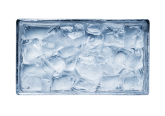 Rectangular glass container filled with clear ice cubes and water isolated on a transparent background