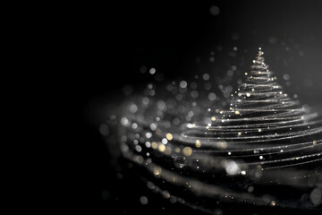 Sapin de noël stylisé en particules dorées sur fond noir avec paillettes et bokeh étincelant, espace négatif copyspace pour décor de noël, cartes de vœux et fêtes de fin d’année