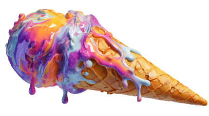 Ice cream cone melting, vibrant colors, summer dessert, isolated on a white background