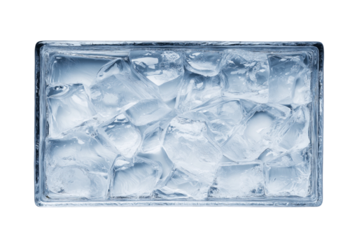 Rectangular glass container filled with clear ice cubes and water isolated on a transparent background