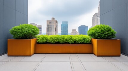 Obraz premium Modern urban garden with vibrant greenery in large orange planters overlooking a city skyline filled with skyscrapers and clouds in the distance