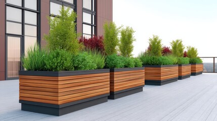 Obraz premium Modern balcony garden planters with vibrant plants and greenery in wooden boxes on a clean rooftop terrace during a sunny day