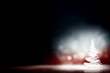 Sapin de no&euml;l blanc lumineux sur sol rouge avec fond sombre bokeh et flare, espace n&eacute;gatif copyspace pour f&ecirc;tes de no&euml;l, de fin d&rsquo;ann&eacute;e et r&eacute;veillons