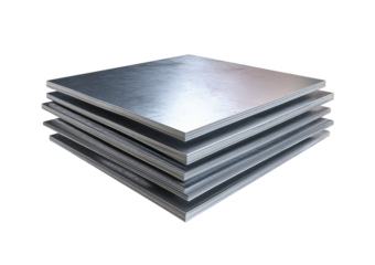 Stack of flat metal sheets with brushed texture and metallic sheen isolated on a transparent background