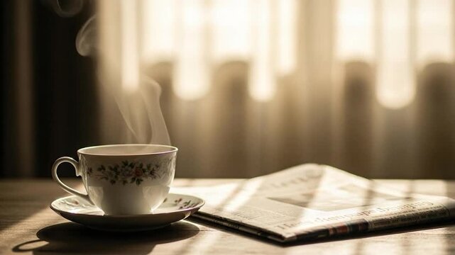 Steaming hot drink with newspaper by window in warm morning light