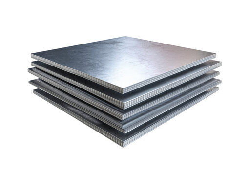 Stack of flat metal sheets with brushed texture and metallic sheen isolated on a transparent background