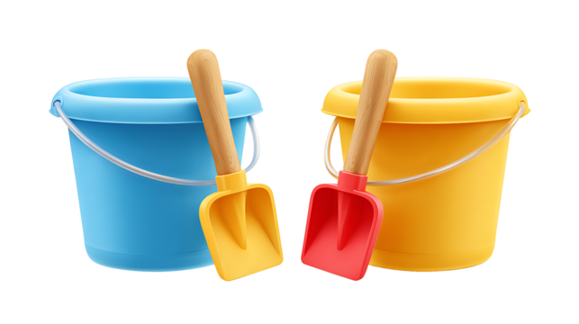 Sand bucket and shovel kids beach toys, vivid summer colors, isolated on a white background