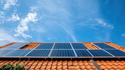Modern solar panels installed on a terracotta tiled roof under a bright blue sky with wispy white clouds, representing renewable energy and sustainable living.