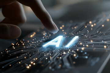 Futuristic human computer interaction with glowing AI letters, finger touching digital interface, technology innovation, artificial intelligence, and data network concept