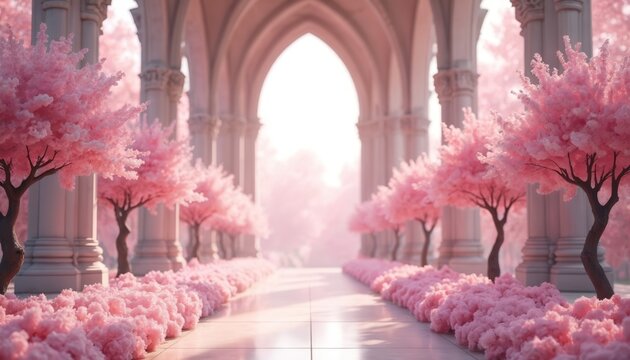 Fantasy pathway lined with pink blooming trees and floral arrangements leads to arched entrance. Soft pastel colors create romantic dreamy ambiance perfect for weddings or celebrations.