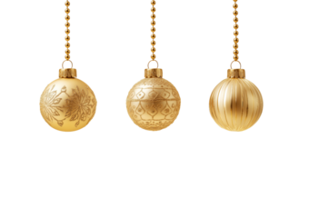 Three ornate golden Christmas baubles suspended by chains isolated on a transparent background ornament
