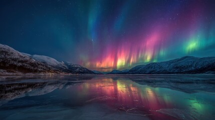 Fototapeta premium Breathtaking Aurora Borealis Display Over Calm Lake, Reflecting Vibrant Colors at Dusk.