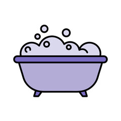 Purple Bathtub Filled With Soap Bubbles and Foam Minimalist Clean Sticker Style Flat Vector Art Isolated on Black Background