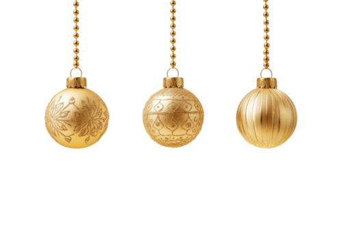 Three ornate golden Christmas baubles suspended by chains isolated on a transparent background ornament