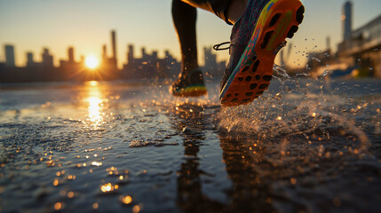 Running shoe splashing water on wet asphalt road at sunrise, city skyline in background, energetic and dynamic outdoor fitness scene, low angle perspective