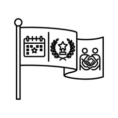 Line icon of a waving flag with calendar, award, and handshake