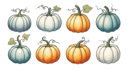 Collection of colorful pumpkins and gourds arranged on a black background