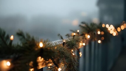 Christmas lights garland with pine branches festive holiday decoration creating a warm and cozy atmosphere on a foggy winter day - Powered by Adobe