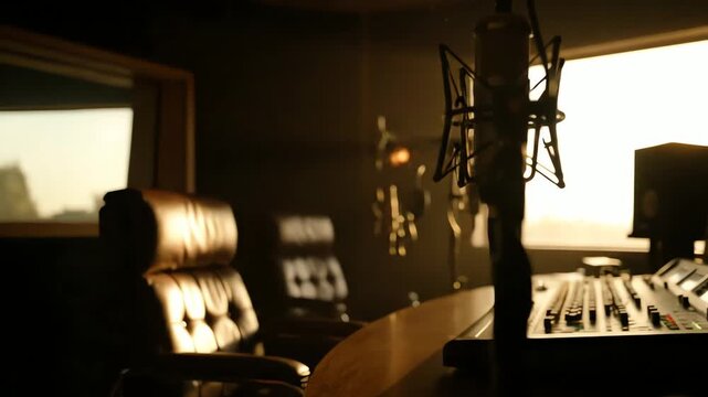 Empty Recording Studio with Microphones and Mixing Console Golden Hour