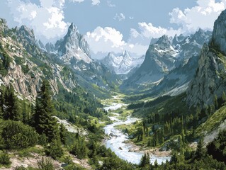 Obraz premium Majestic mountain valley unfolds with a winding river and lush evergreen forests under a dramatic sky
