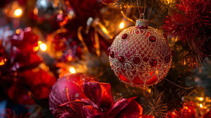 Warm Christmas Glow with Red and Gold Baubles and Lights"