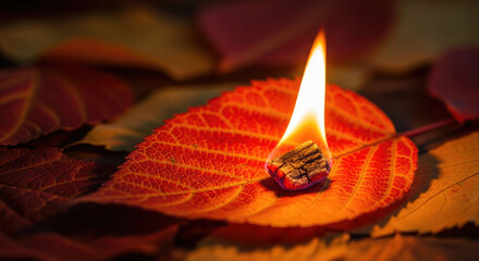 Autumn Leaf with Burning Candle Flame.