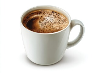 Fototapeta premium Invigorating hot coffee with rich crema, perfect for a morning energy boost or a comforting break, served in a clean white mug