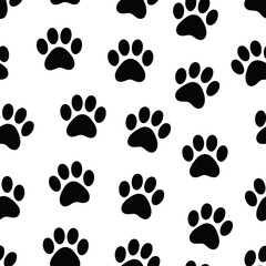 Seamless pattern of black animal paw prints isolated on transparent background