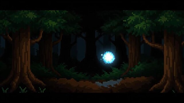 Pixelated forest scene with luminous blue orb, tall trees, lush foliage, and dark ambiance
