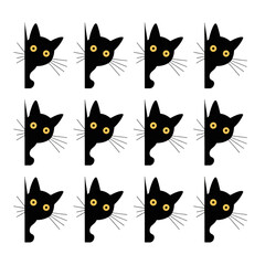 Cute black cat peeking pattern with yellow eyes, isolated on transparent background