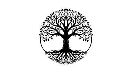 Black silhouette Tree of Life symbol with circular roots and branches.